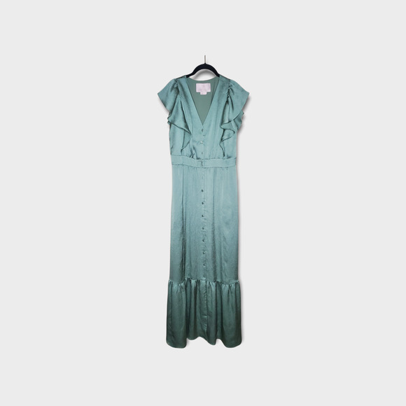 Gal Meets Glam Torey Ruffle Satin Maxi Dress Sage Green Button Down Women's 6 - Picture 2 of 8